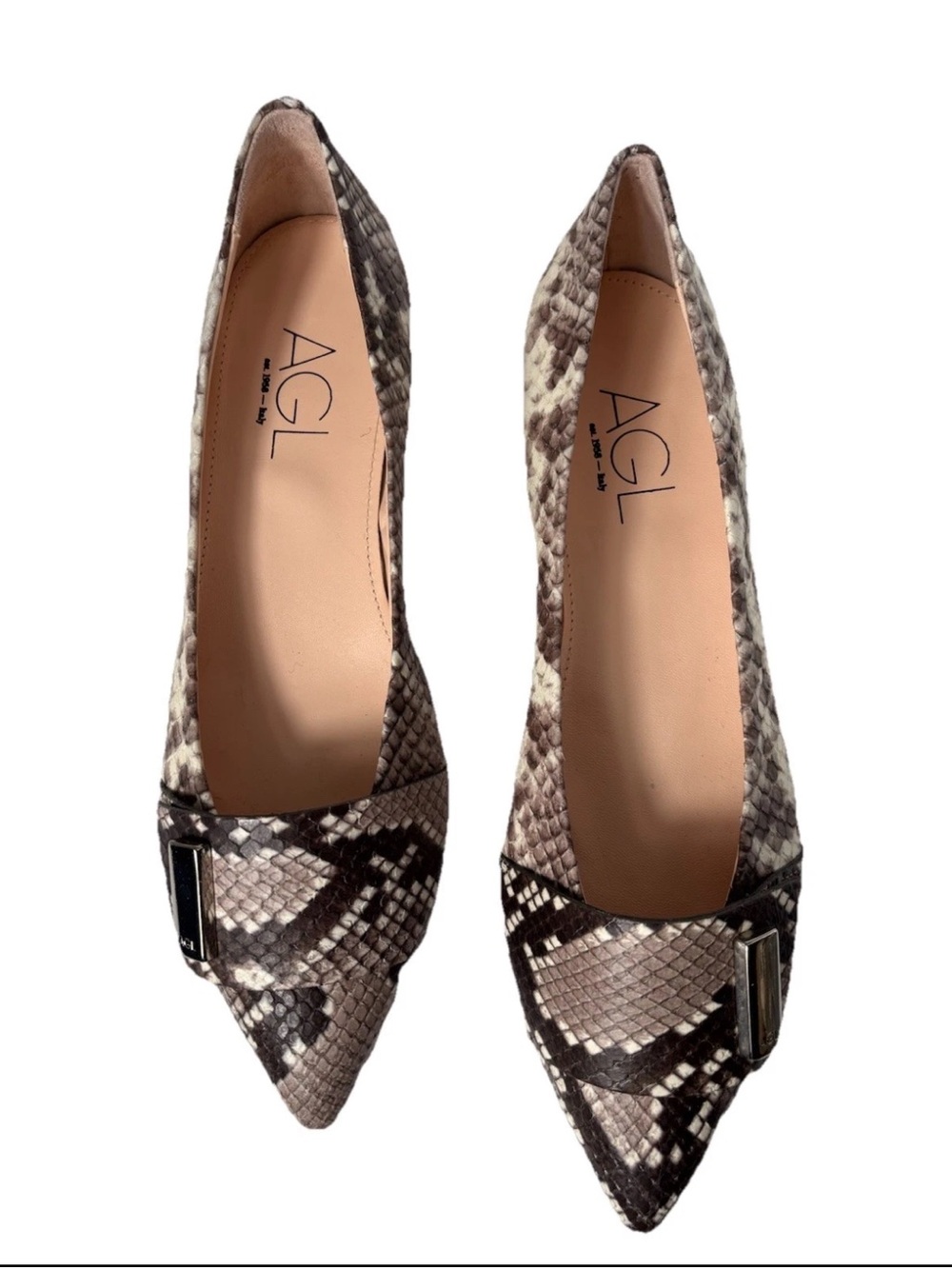 AGL Snake Print Leather Pointed Toe Flats EU 39 US 8.5/9